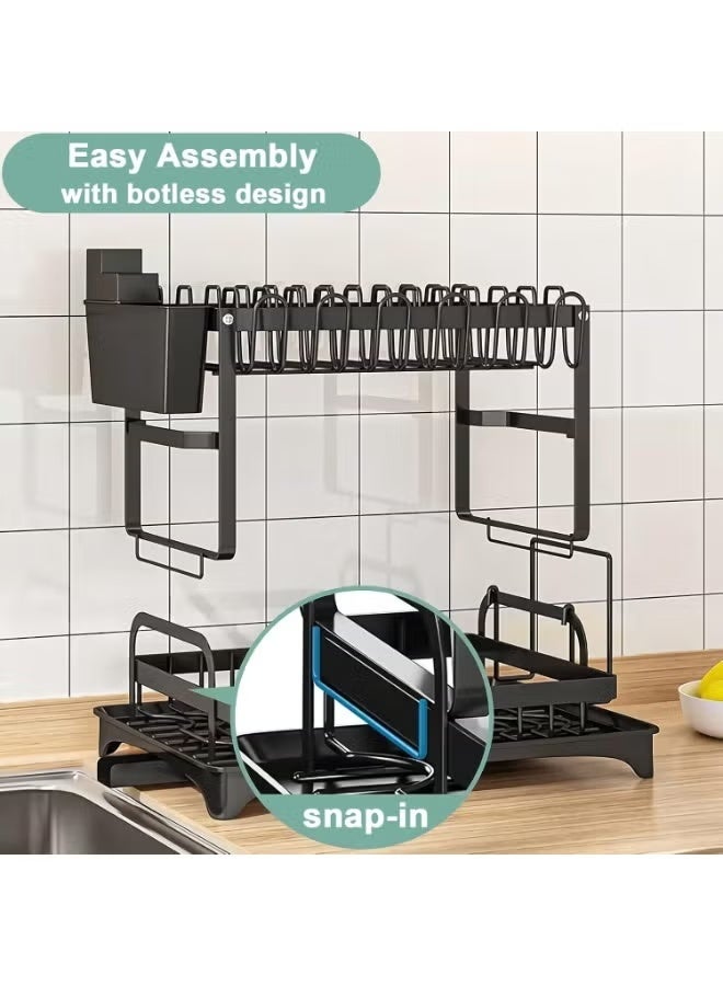 Eworld 2-Tier Stainless Steel Dish Drying Rack, Kitchen Dish Drainer with Utensil, Cup & Cutting Board Holder, Rustproof Countertop Organizer, Black + Free 600ml Fairy - Image 4